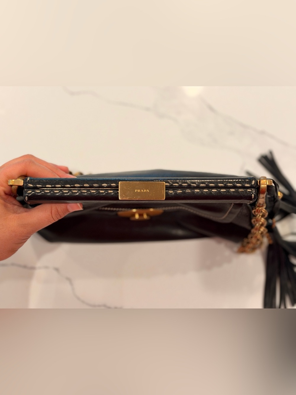 Vintage Prada Vitello chain leather shoulder bag in black. - Picture 13 of 14